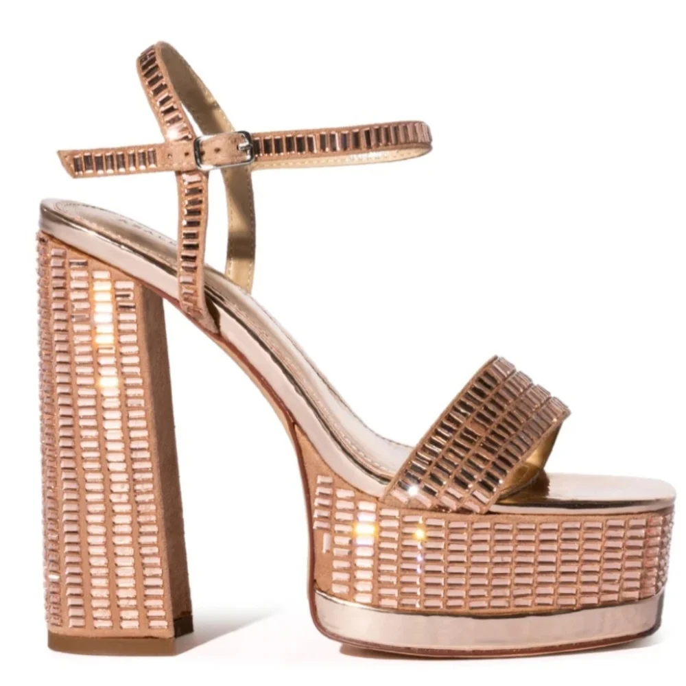 Cathy Din Rose Gold Mirrored Platform Block Heel Metallic Straps Size 8.5